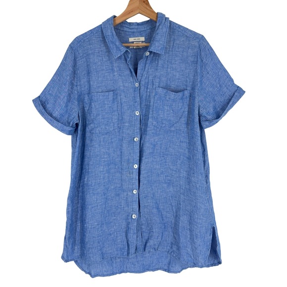 Christian Siriano New York Tops - Christian‎ Siriano Blue 100% Linen Short Sleeve Button Up Shirt Tunic Large